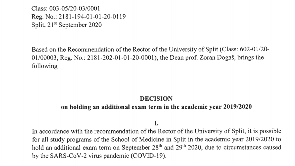 Decision on holding an additional exam term in the academic year 2019/2020
